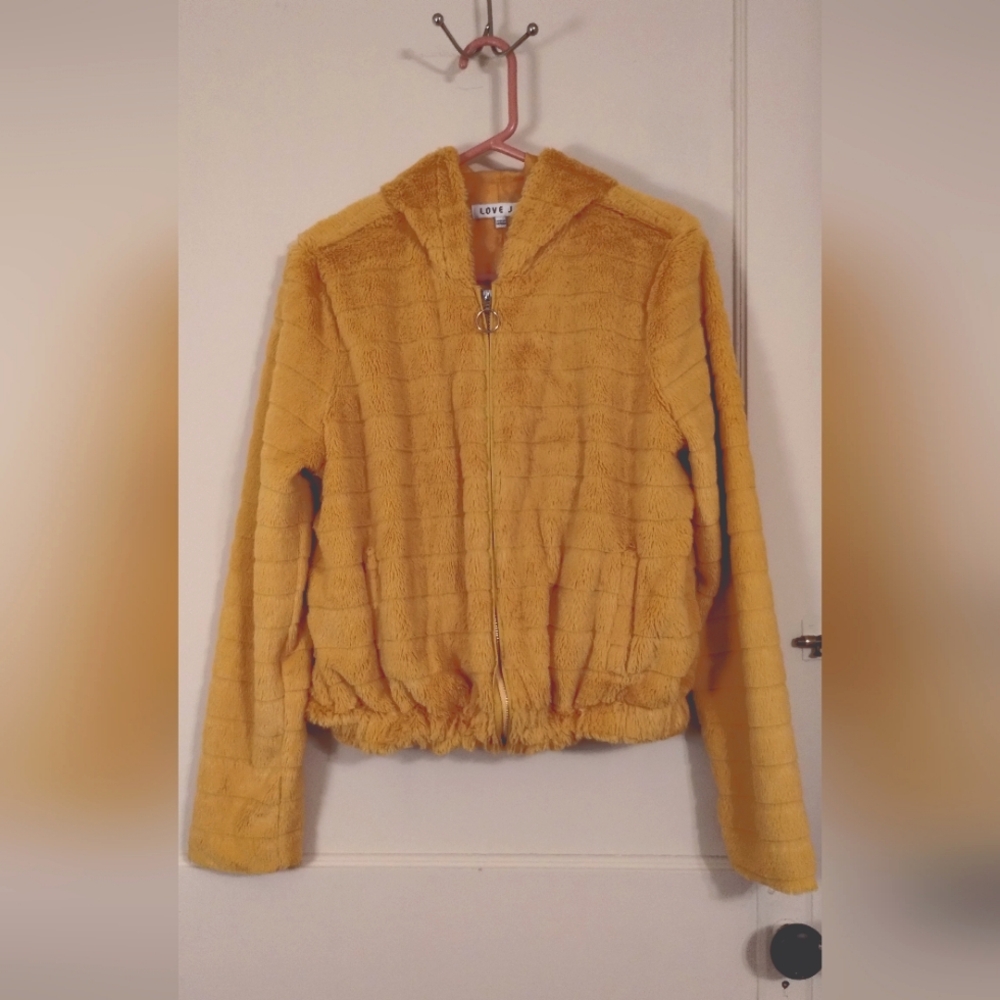 Women's Love J Medium Soft Fuzzy Vibrant Yellow Hooded Full Zip Jacket